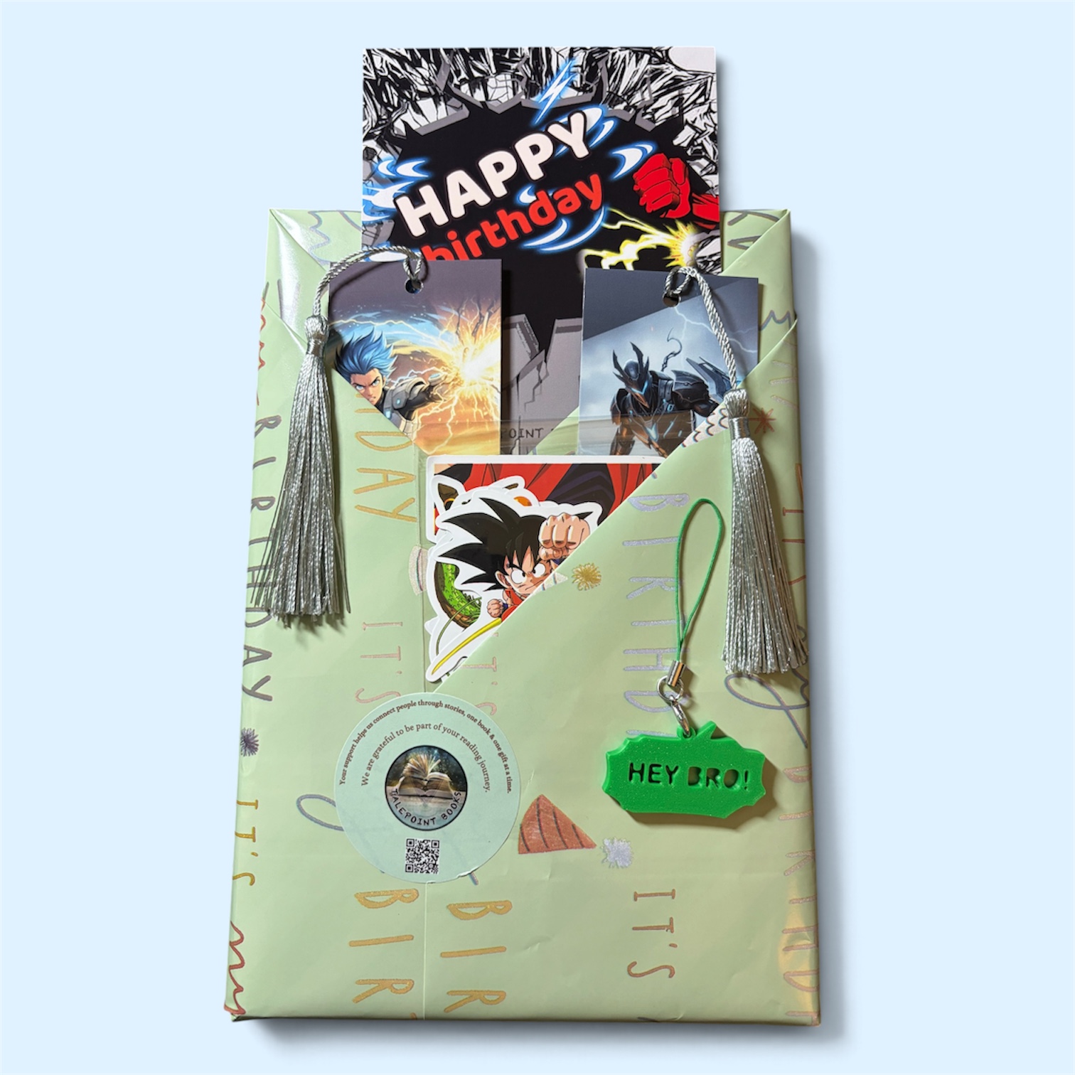 2 selected books + 2 bookmarks + a Card + Stickers + a CUSTOM Keychain